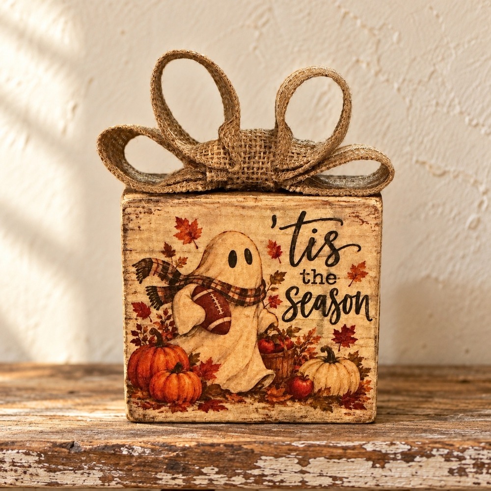 Handmade Rustic Wood Ghost Football Fall Sign Tis The Season Burlap Bow 4x4